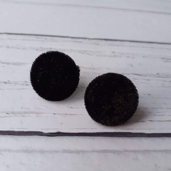 Black Velvet Fabric Button Stainless Steel Scroll Back Stud Earrings