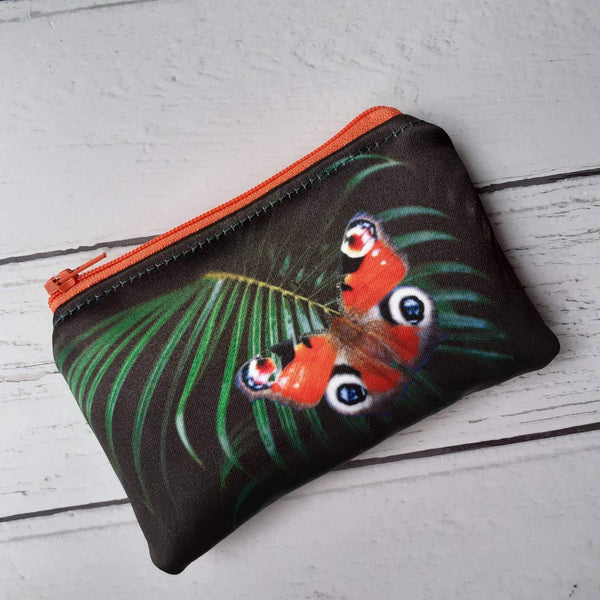 Green Tropical Leaf Red Butterfly Satin Coin Zipper Purse Pouch