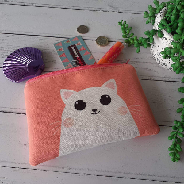 Peach and White Happy Cartoon Cat Canvas Smaller Zipper Pouch