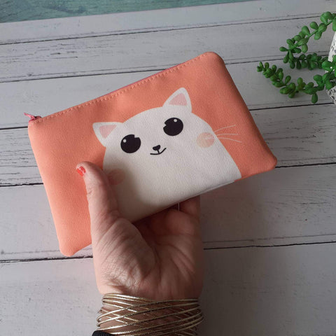 Peach and White Happy Cartoon Cat Canvas Smaller Zipper Pouch