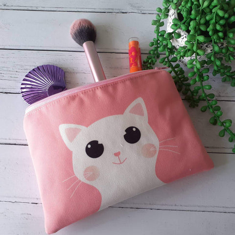 Pink Cute White Cartoon Cat Canvas Larger Zipper Pouch