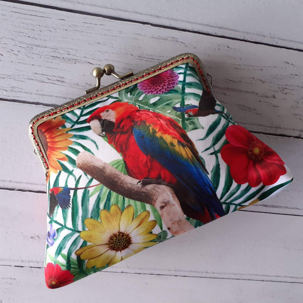 Tropical Red and Blue Parrot Satin 5.5 Inch Bronze Clasp Purse Frame Clutch Bag