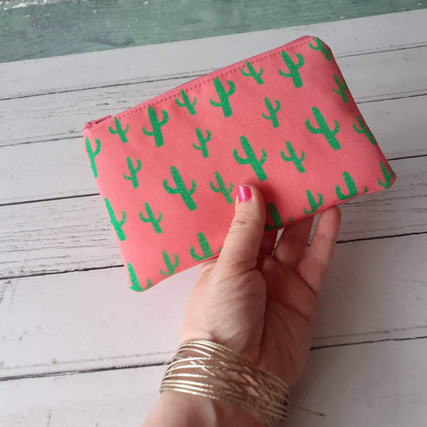 Coral Pink and Green Cacti Canvas Smaller Zipper Pouch