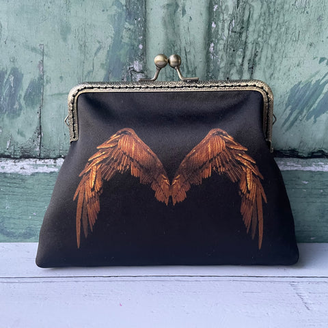 Black and Bronze Angel Wings Satin 5.5 Inch Clasp Purse Frame Clutch Bag