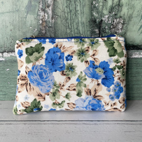 Blue Roses Floral Cotton Coin Zipper Purse Pouch