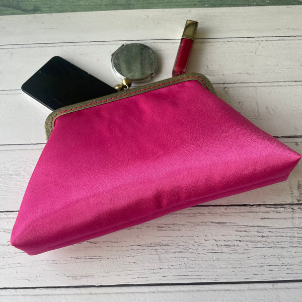 Hot Pink Satin 8 Inch Bronze Clasp Purse Frame Clutch Bag