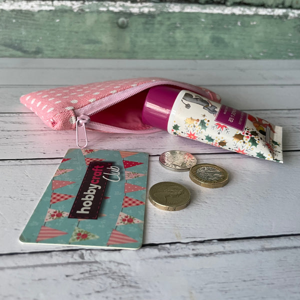 Pink and White Polka Dot Cotton Zip Coin Purse Pouch