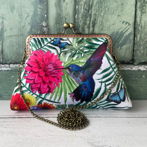 Tropical Hummingbird and Butterfly Satin 5.5 Inch Bronze Clasp Purse Frame Clutch Bag