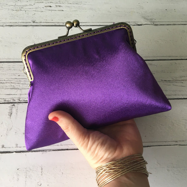 Purple Satin 5.5 Inch Bronze Clasp Purse Frame Clutch Bag