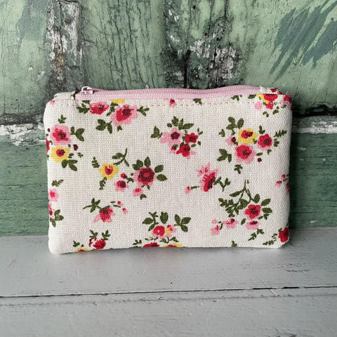 Red and Pink Roses Floral Cotton Zip Coin Purse Pouch