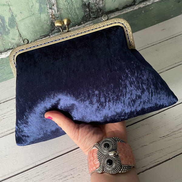 Navy Blue Crushed Velvet 8 Inch Bronze Clasp Purse Frame Clutch Bag