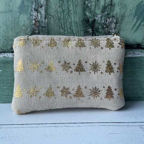 Gold Christmas Trees and Snowflakes Beige Cotton Zip Coin Purse Pouch