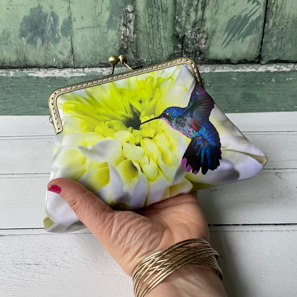 White Lime Chrysanthemum and Hummingbird Satin 5.5 Bronze Clasp Purse Frame Clutch Bag