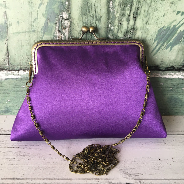 Purple Satin 5.5 Inch Bronze Clasp Purse Frame Clutch Bag