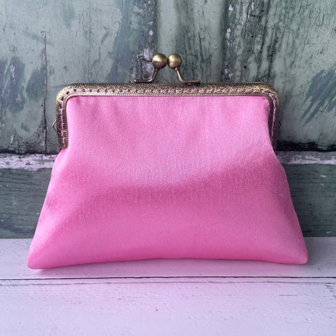 Rose Pink Satin 5.5 Inch Bronze Clasp Purse Frame Clutch Bag