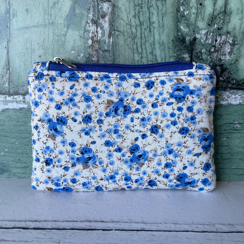 Blue Roses Ditzy Floral Cotton Coin Zipper Purse Pouch