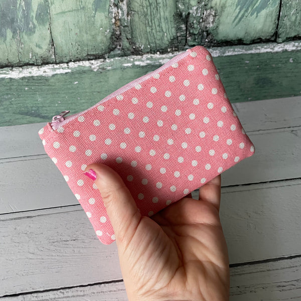 Pink and White Polka Dot Cotton Zip Coin Purse Pouch