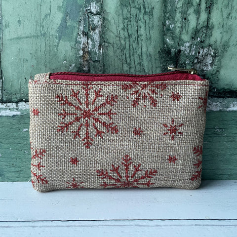 Red Snowflakes Beige Cotton Zip Coin Purse Pouch