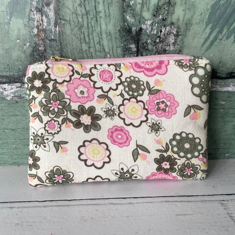 Retro Pink and Green Floral Cotton Coin Zipper Purse Pouch