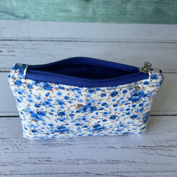 Blue Roses Ditzy Floral Cotton Coin Zipper Purse Pouch