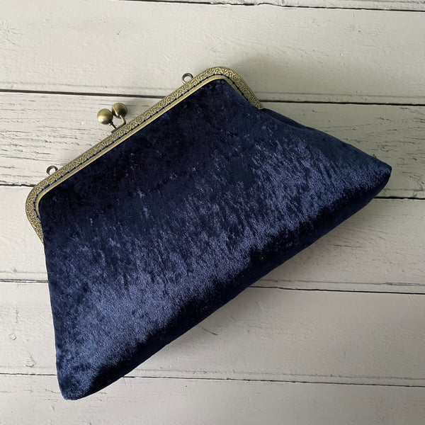 Navy Blue Crushed Velvet 8 Inch Bronze Clasp Purse Frame Clutch Bag