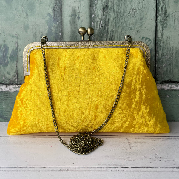 Sunflower Yellow Crushed Velvet 8 Inch Bronze Clasp Purse Frame Clutch Bag