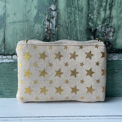 Gold Stars Beige Cotton Zip Coin Purse Pouch