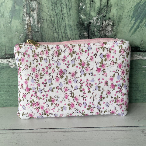 Purple and Pink Ditzy Floral Cotton Coin Zipper Purse Pouch