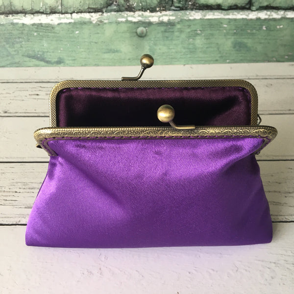 Purple Satin 5.5 Inch Bronze Clasp Purse Frame Clutch Bag