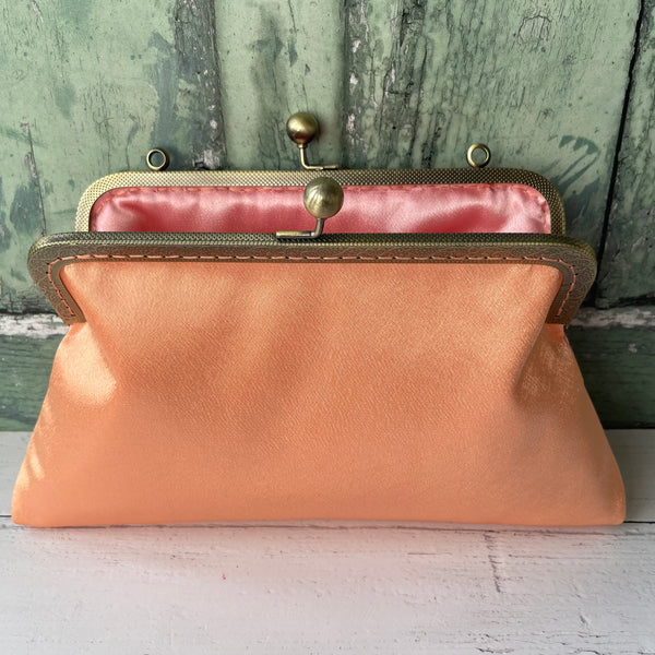 Peachy Orange Satin 8 Inch Bronze Clasp Purse Frame Clutch Bag