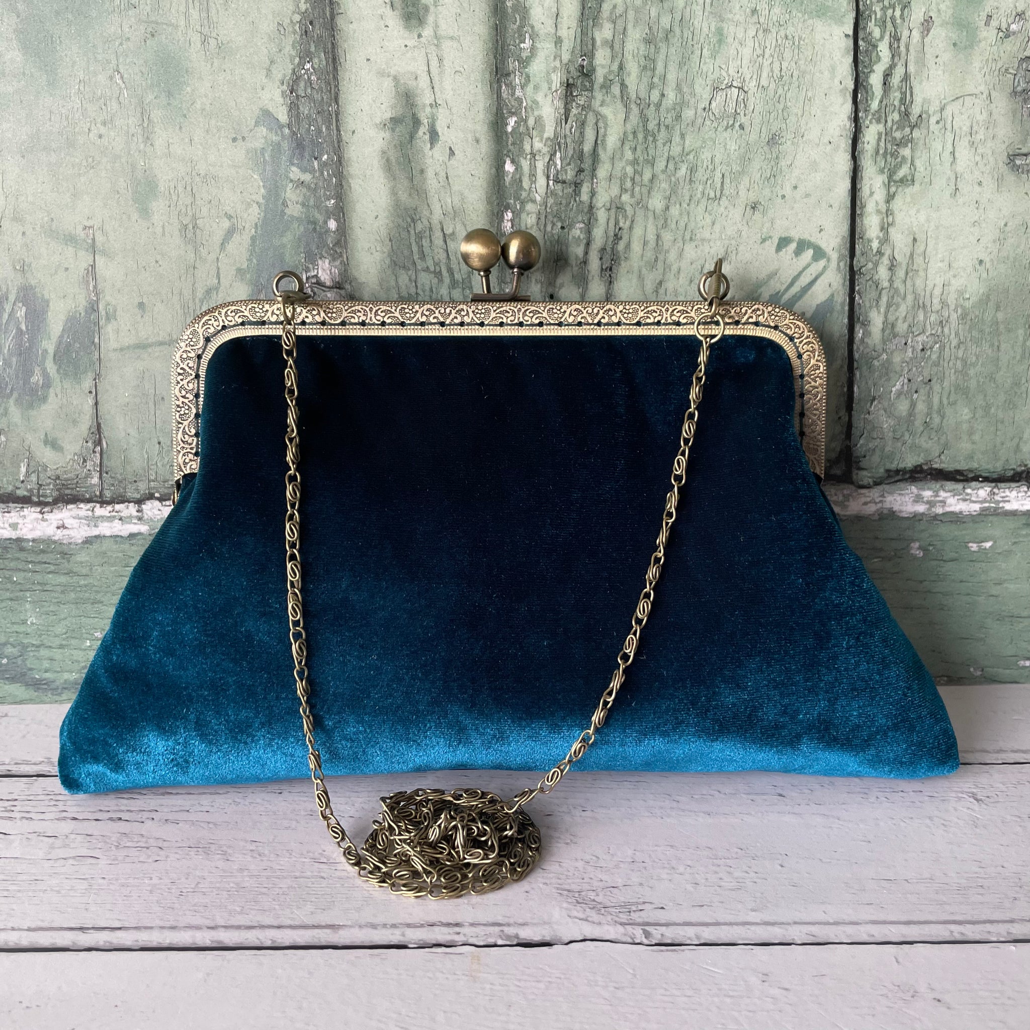 Petrol Blue Velvet 8 Inch Bronze Clasp Purse Frame Clutch Bag