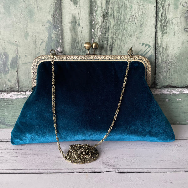 Petrol Blue Velvet 8 Inch Bronze Clasp Purse Frame Wedding Clutch Bag Girl Got Bag