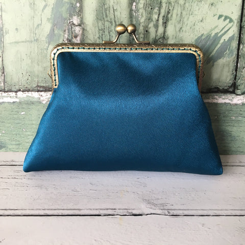 Petrol Blue Satin 5.5 Inch Clasp Purse Frame Clutch Bag