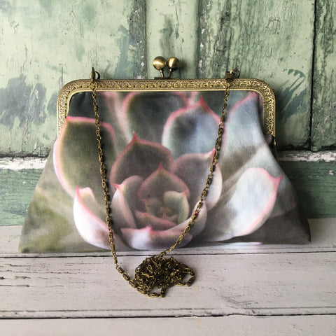 Green and Pink Echeveria Hercules Succulent Velvet 8 Inch Clasp Purse Frame Clutch Bag