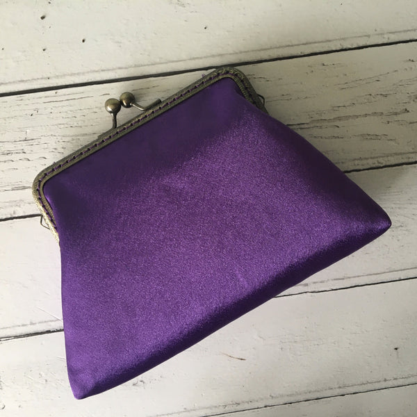 Purple Satin 5.5 Inch Bronze Clasp Purse Frame Clutch Bag